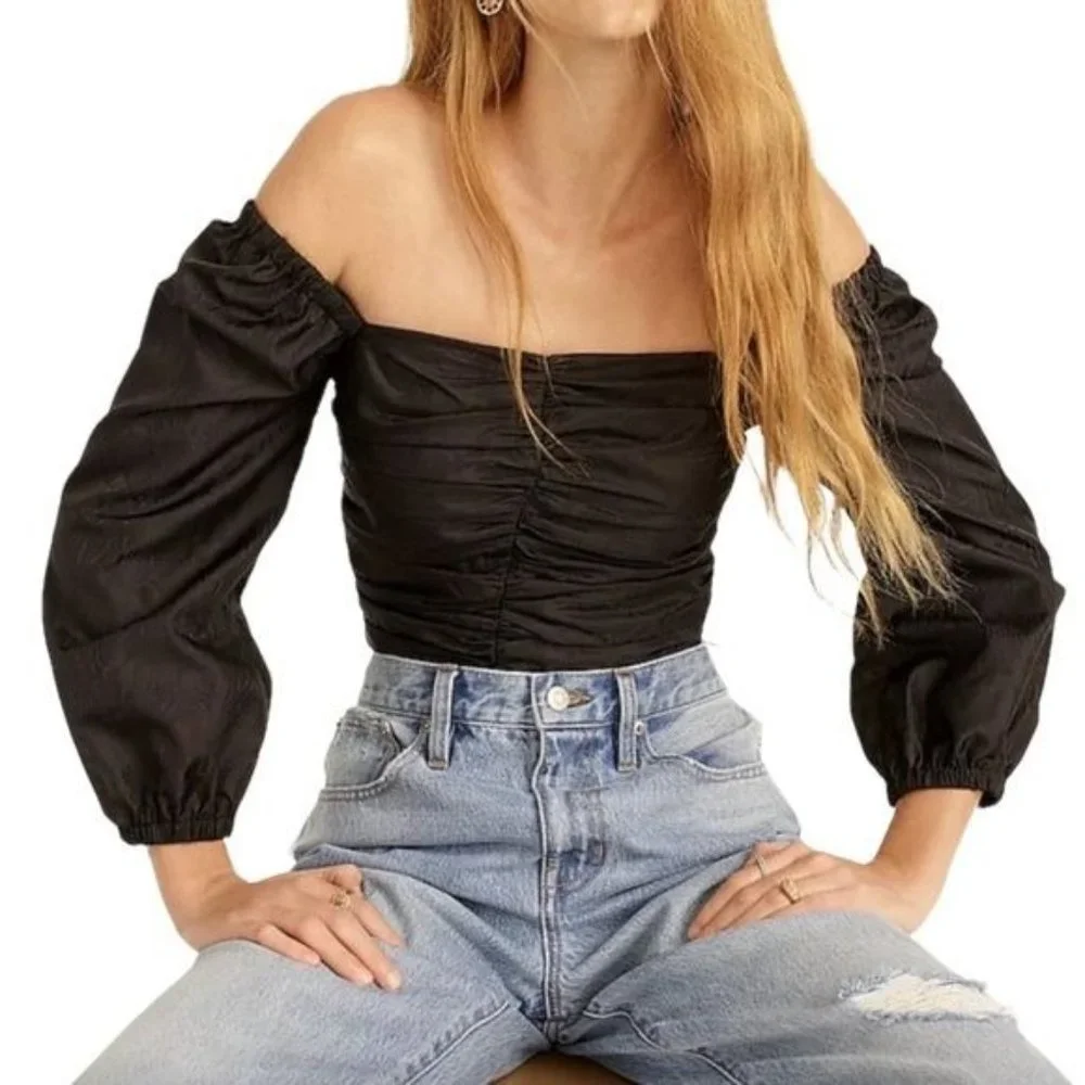 J. Crew Ruched Puff Sleeve Cropped Top in Black Size 10 NWT